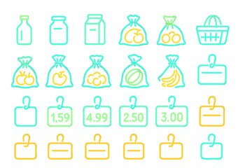 Neon grocery icon set with price tags, fruit bags, and containers
