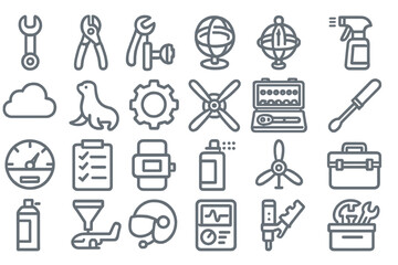 Outlined mechanical and aviation tool icon set with engineering elements