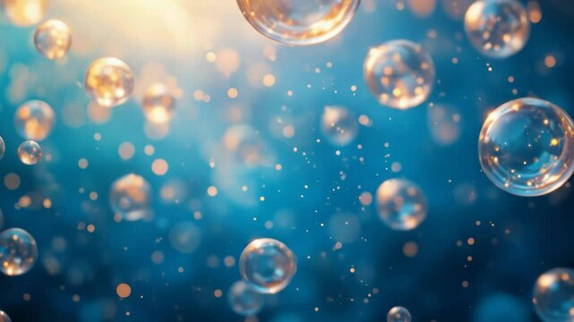 Animated Crystal clear floating bubbles illuminated by warm light reflections, ai generated.