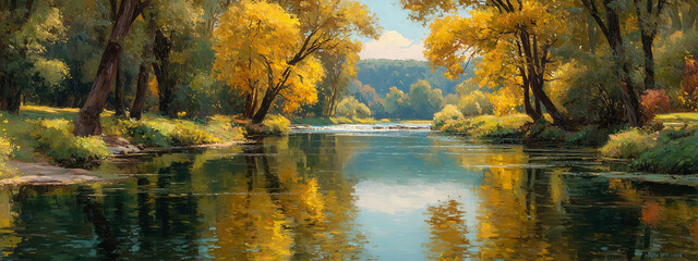 Autumn riverside with golden trees reflecting in calm water, orange and yellow foliage, warm afternoon light