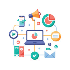 Minimalist Digital Marketing Strategy Flowchart with Icons on White Background