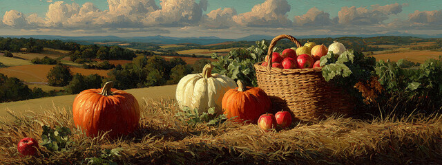 Autumn harvest scene with pumpkins, apples, golden fields, warm light casting long shadows, rich fall colors on display
