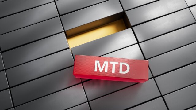 mtd concept on metal blocks.close up of metal blocks,Business Concept.3D rendering on red background.