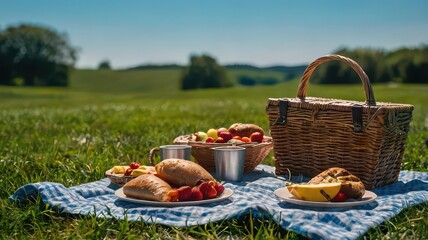 A picnic basket with food and drinks on a blue and white checkered blanket in a grassy field on a sunny day