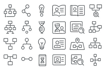Outlined icon set of genealogy, DNA, maps, and profile records