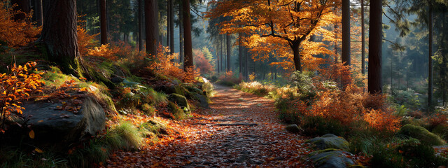 Quiet autumn forest path covered with colorful fallen leaves, sunlight streaming through trees, warm golden tones, peaceful