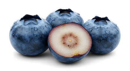 Obraz premium Fresh Blueberry Trio with Dewdrops and Halved Fruit on White Background