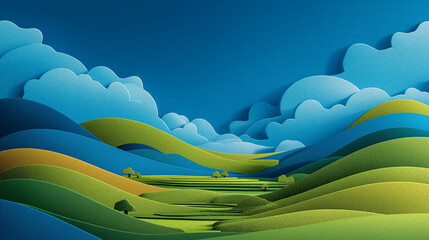 Smooth paper-cut style layers of green hills and blue sky, symbolizing environmental harmony