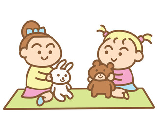 Two little children are playing with dolls.