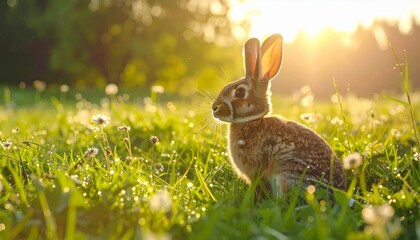 A cute rabbit sits serenely in a sun-drenched meadow, the light enhancing its soft brown fur.