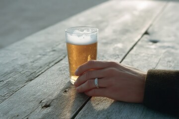 A hand adorned with a delicate silver ring cradles a dewy pint on rugged wood, echoing Oktoberfest's spirited revelry and the quiet reflection of Cider Day