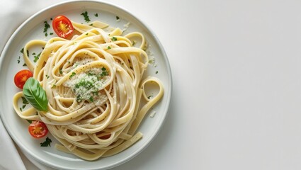 Delicious pasta dish with creamy sauce, herbs, and tomatoes.