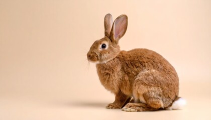 Fototapeta premium A fluffy brown rabbit sits attentively against a plain beige backdrop casting soft, gentle shadows.
