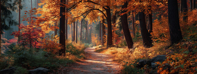 Quiet autumn forest path covered with colorful fallen leaves, sunlight streaming through trees, warm golden tones, peaceful
