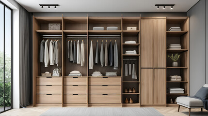 modern wooden wardrobe with clothes hanging on rail in walk in closet design interior