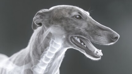 X-ray elegance of Greyhound's skeletal grace, surreal canine anatomy, celebrating National Dog Day, spectral science fusion