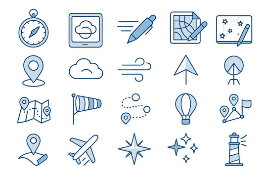 Travel and navigation icon set with maps, weather, and location tools