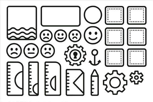 Black outline UI icon set with mood faces, tools, and interface elements