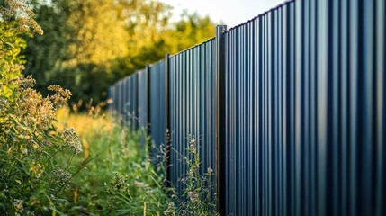 A black metal fence with green and yellow plants in the foreground and a clear blue sky in the background.