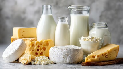 Fresh milk bottles and cheese wheels arranged with assorted dairy products, showcasing natural farm freshness and wholesome goodness.