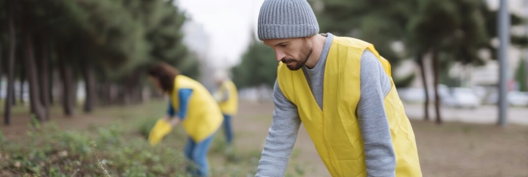 Young man in a beanie and yellow vest, Caucasian, meticulously planting saplings; celebrates National Arbor Day and Earth Stewardship - Powered by Adobe