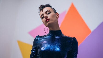 Edgy androgyne in sparkling azure attire exudes cosmic vibes during Diwali's celestial dance, celebrating androgynous elegance and festival zest