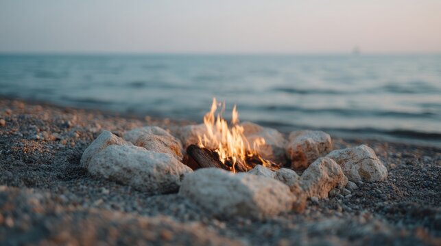 A serene beach bonfire crackles under twilight's embrace, evoking Midsummer Night's reverie and coastal All Souls Day reflections