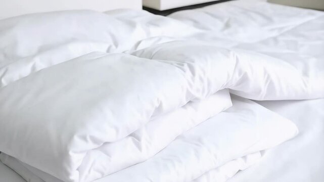 Folded white duvet and sheets create a stack of clean comfortable bedding in natural light
