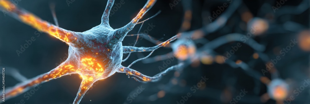 Poster bright nerve cell highlighted among blurred neurons illustrating overstress in a neural network