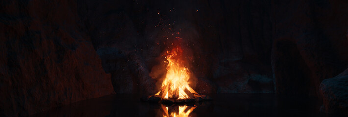 Passage through dark cave with burning bonfire. 3D Rendering