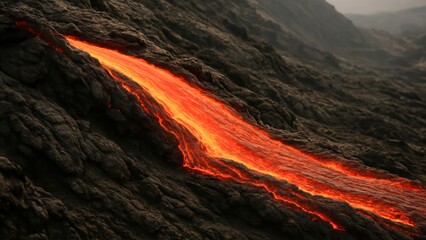 Molten lava flows down a rocky volcanic slope, glowing bright orange against the dark solidified lava and rugged terrain.