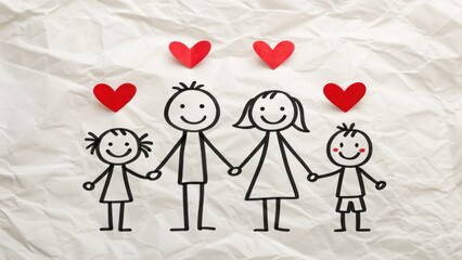 A cheerful stick-figure family of four holding hands with red hearts floating above them on crumpled paper background.