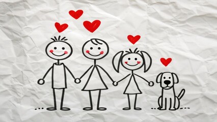 A simple hand-drawn family of three holding hands with a dog, surrounded by red hearts, on crumpled white paper.