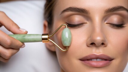A woman is receiving a facial massage with a green jade roller over her closed eyes, promoting relaxation and skincare benefits.