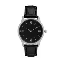 men's watch with black strap, silver case and black dial