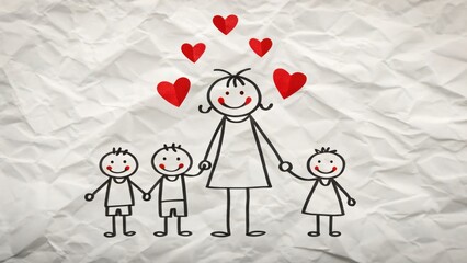 A simple stick-figure drawing of a happy mother holding hands with three smiling children, surrounded by red hearts on a crumpled paper background.