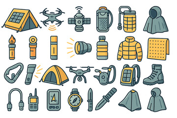 Colorful icon set of camping gear and outdoor survival equipment