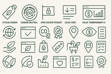 Comprehensive eco-commerce icon set featuring ethical sourcing, carbon neutrality, transparency, and sustainability