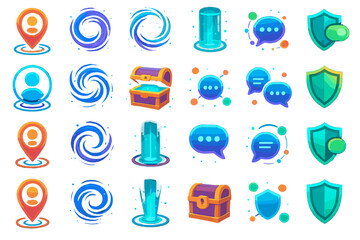 Colorful neon icon set with portals, treasure chests, chat bubbles, and shields