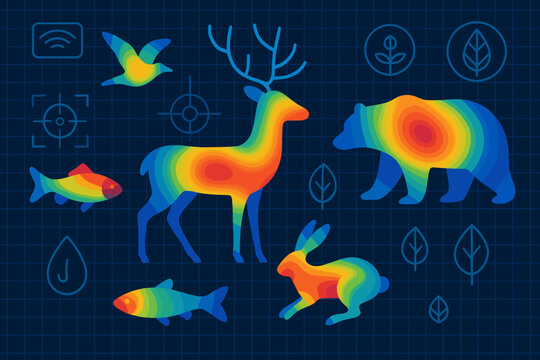 Thermal-style wildlife tracking visualization featuring animals with heatmap gradients and environmental icons
