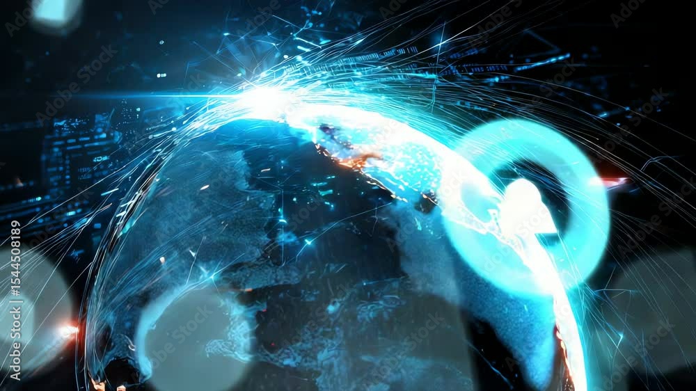 Poster A digital rendering of Earth from space showing data connections, network lights, and a glowing global web.