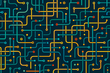 Seamless vector circuit pattern with colorful tech lines and nodes