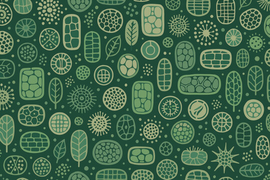 Seamless pattern of stylized plant cells and microscopic organisms