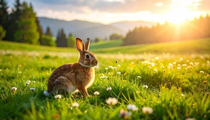 Obraz premium A rabbit sitting in a sunny meadow filled with wildflowers at golden hour enjoys nature's beauty