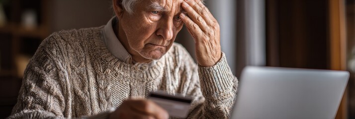 Older Adult Concerned About Online Scams While Using a Laptop at Home During the Day