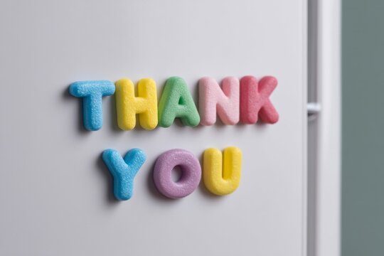 Multicolored magnetic letters spell gratitude, perfect for World Gratitude Day, letter art, whimsical kitchen decor, vibrant communication