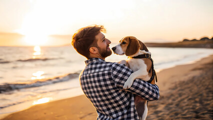 Man with beagle dog on beach at sunset loving his pet dog pet ownership happy dog pet love dog owner