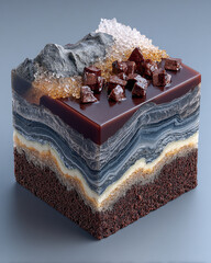 Layered chocolate cake resembling a geological cross-section, featuring chocolate rocks and crystal toppings.