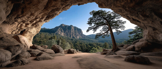Cave View of Mountain Landscape: From the depths of a rock cave, a breathtaking vista unfolds, revealing majestic mountain, framed by the cave's natural arches.