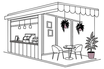 Cozy Café Front with Indoor Plants Drawing